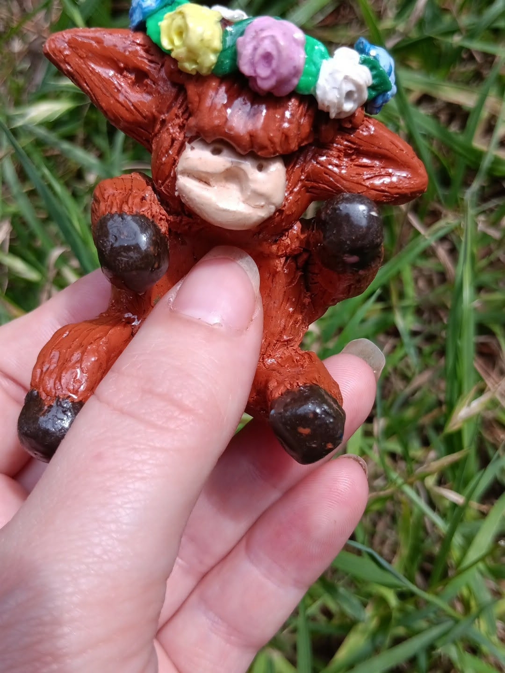 Handmade Brown Clay Holland Cow Figurine with Floral Crown Worry Stone